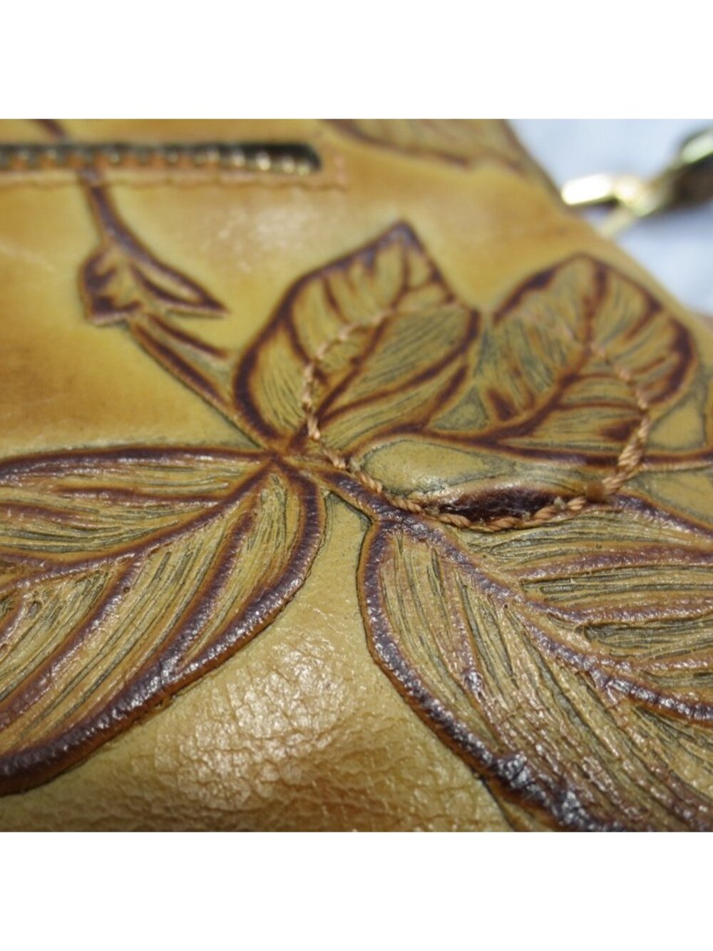 Cuoieria Fiorentina Genuine Tooled Leather Foldover Shoulder Bag Tan Flora Italy - Picture 8 of 16